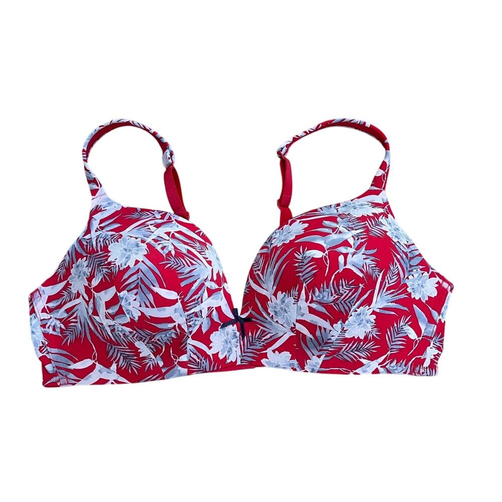 Cacique Floral Full Coverage Bra Lightly Lined Red Tropical Size 42C